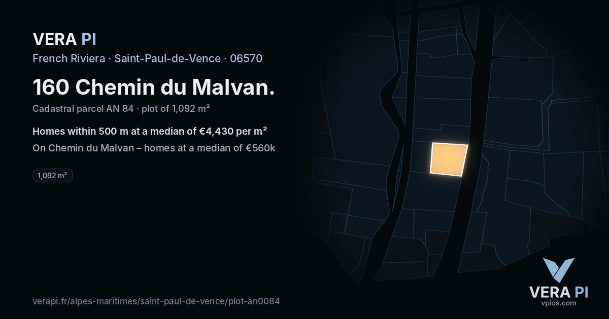 160 Chemin du Malvan, Saint-Paul-de-Vence at night – the plot lit, the parcels around coloured by the prices near them