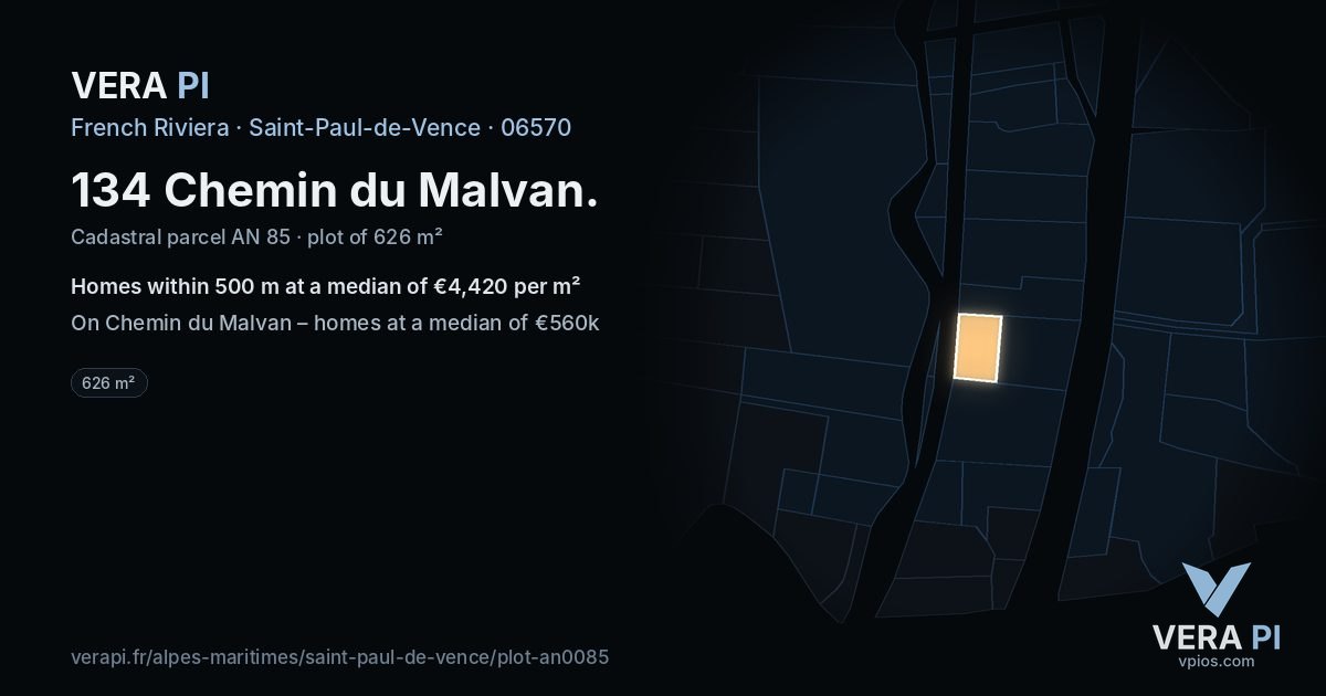 134 Chemin du Malvan, Saint-Paul-de-Vence at night – the plot lit, the parcels around coloured by the prices near them