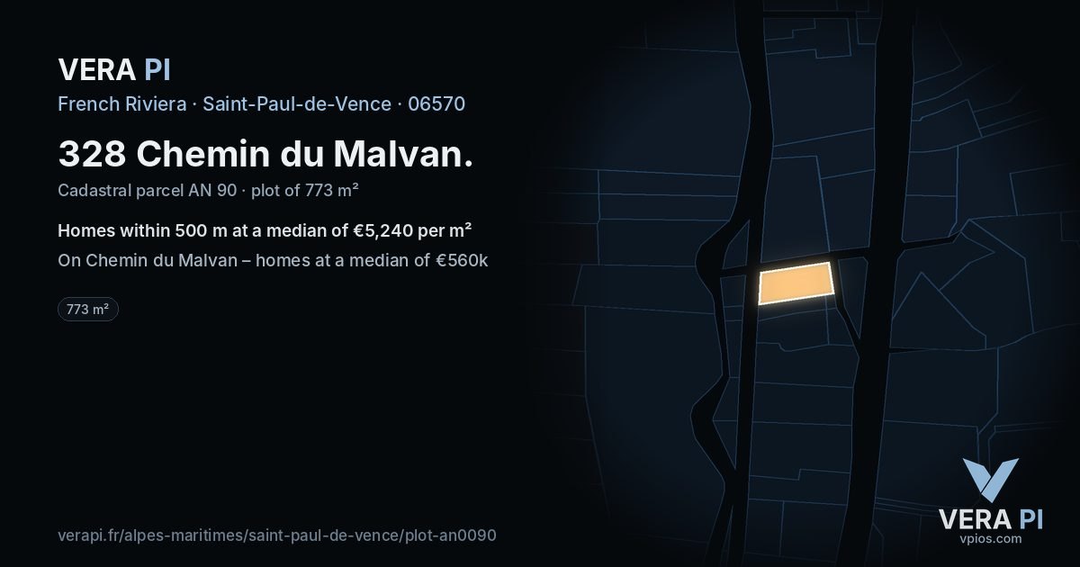 328 Chemin du Malvan, Saint-Paul-de-Vence at night – the plot lit, the parcels around coloured by the prices near them