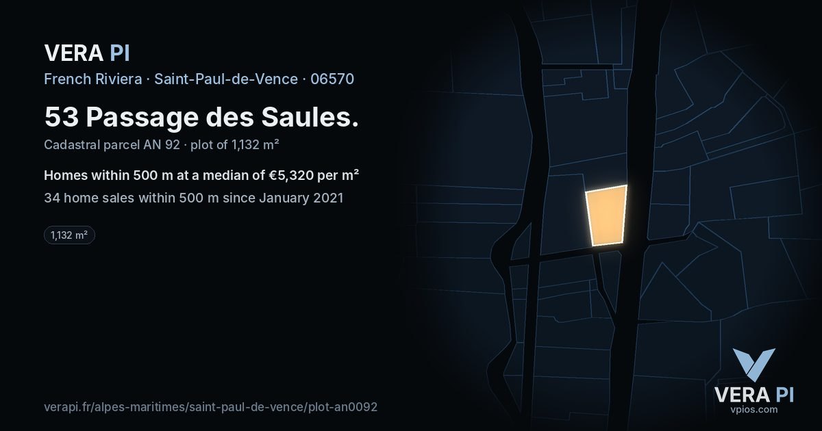 53 Passage des Saules, Saint-Paul-de-Vence at night – the plot lit, the parcels around coloured by the prices near them
