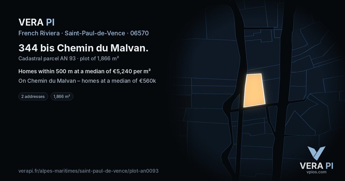 344 bis Chemin du Malvan, Saint-Paul-de-Vence at night – the plot lit, the parcels around coloured by the prices near them