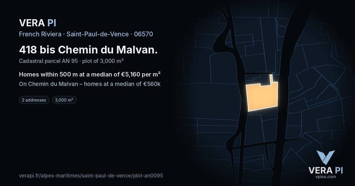 418 bis Chemin du Malvan, Saint-Paul-de-Vence at night – the plot lit, the parcels around coloured by the prices near them
