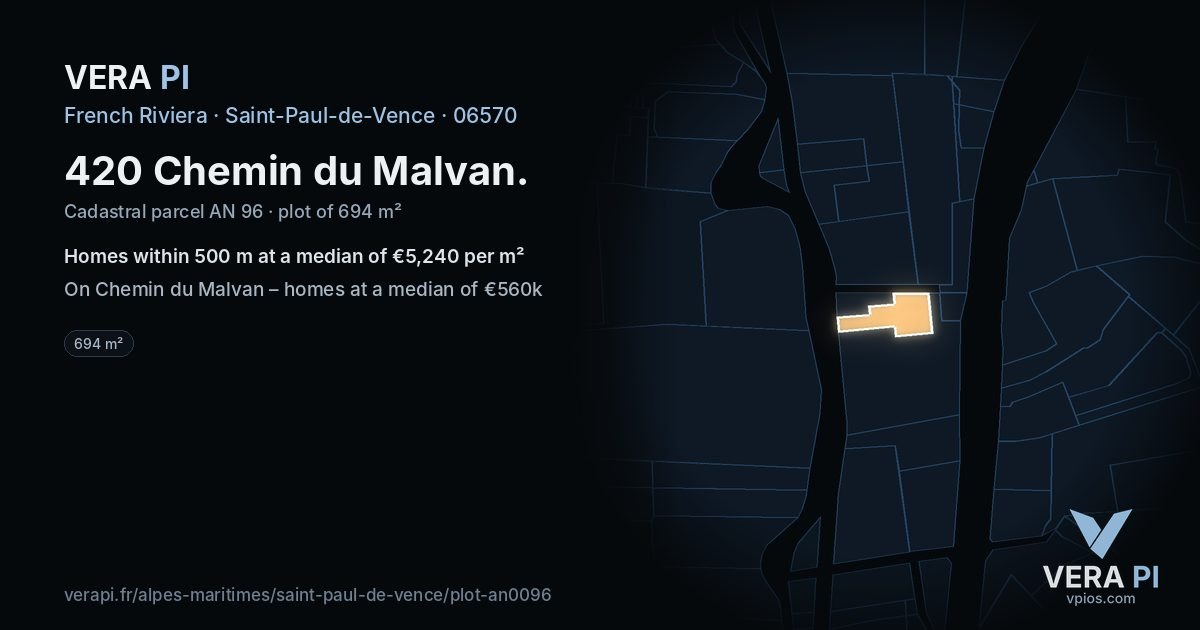 420 Chemin du Malvan, Saint-Paul-de-Vence at night – the plot lit, the parcels around coloured by the prices near them