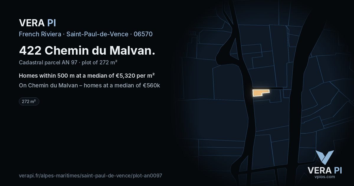 422 Chemin du Malvan, Saint-Paul-de-Vence at night – the plot lit, the parcels around coloured by the prices near them