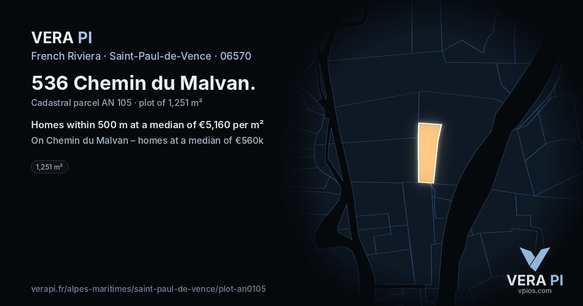 536 Chemin du Malvan, Saint-Paul-de-Vence at night – the plot lit, the parcels around coloured by the prices near them