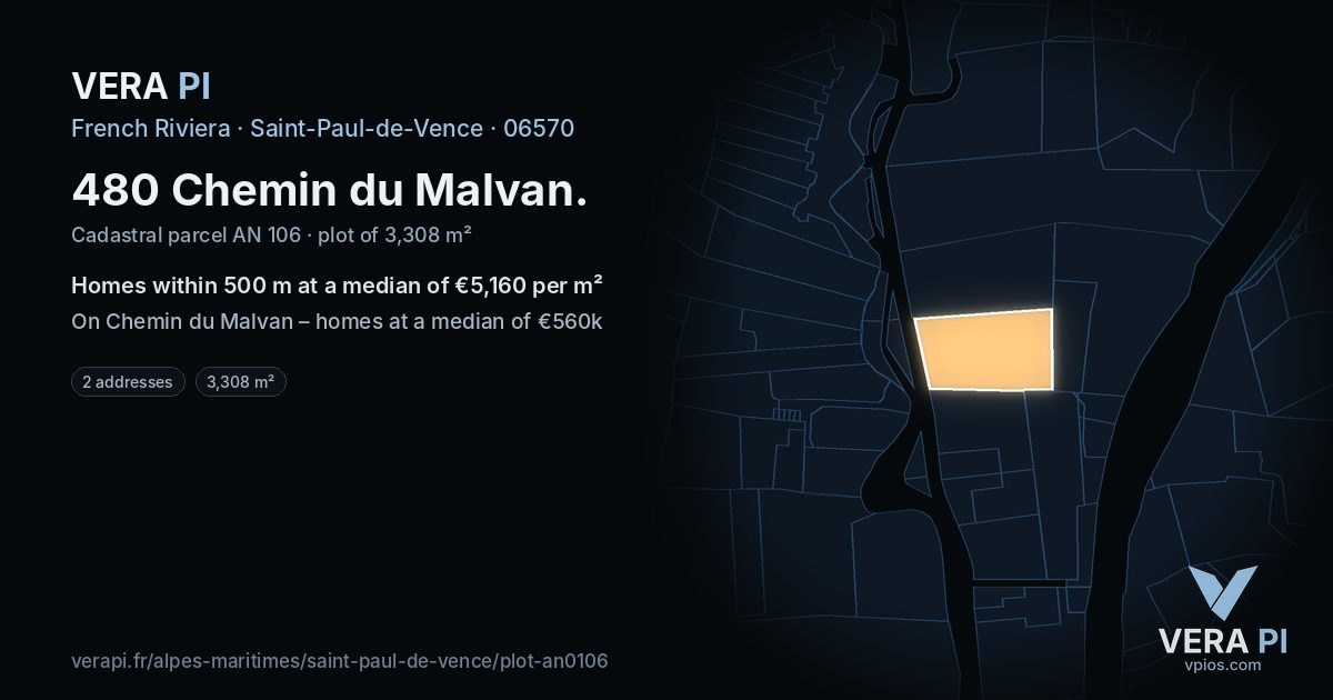 480 Chemin du Malvan, Saint-Paul-de-Vence at night – the plot lit, the parcels around coloured by the prices near them