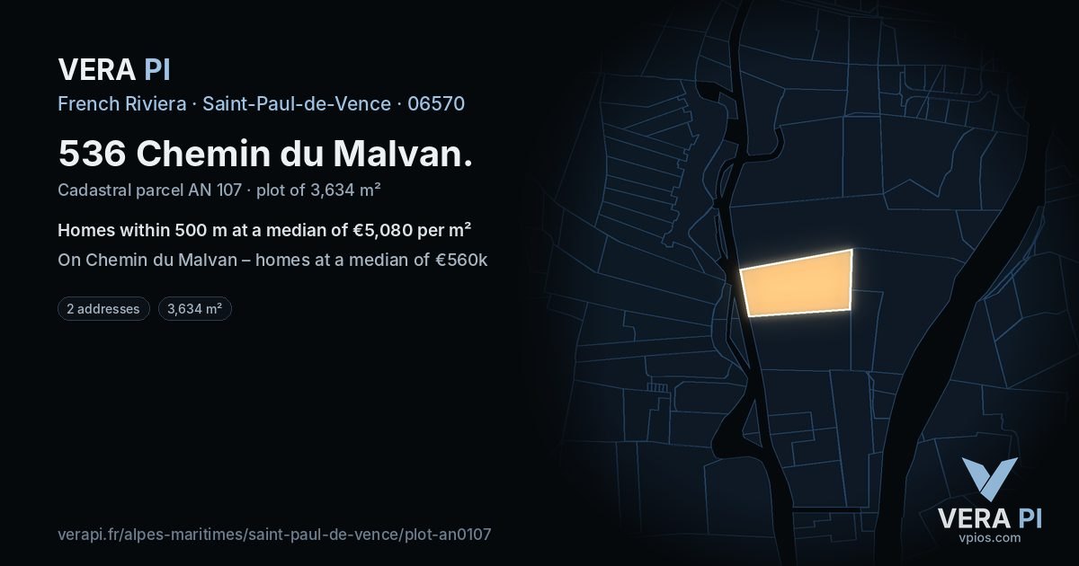 536 Chemin du Malvan, Saint-Paul-de-Vence at night – the plot lit, the parcels around coloured by the prices near them