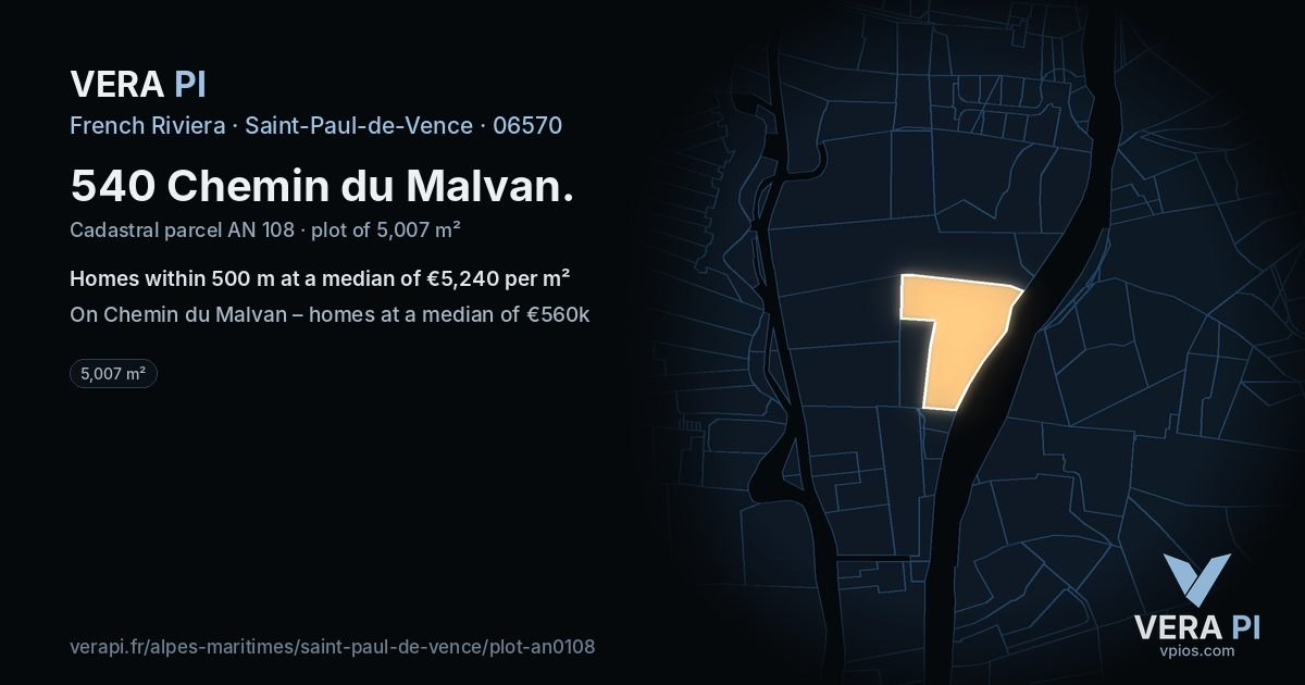 540 Chemin du Malvan, Saint-Paul-de-Vence at night – the plot lit, the parcels around coloured by the prices near them