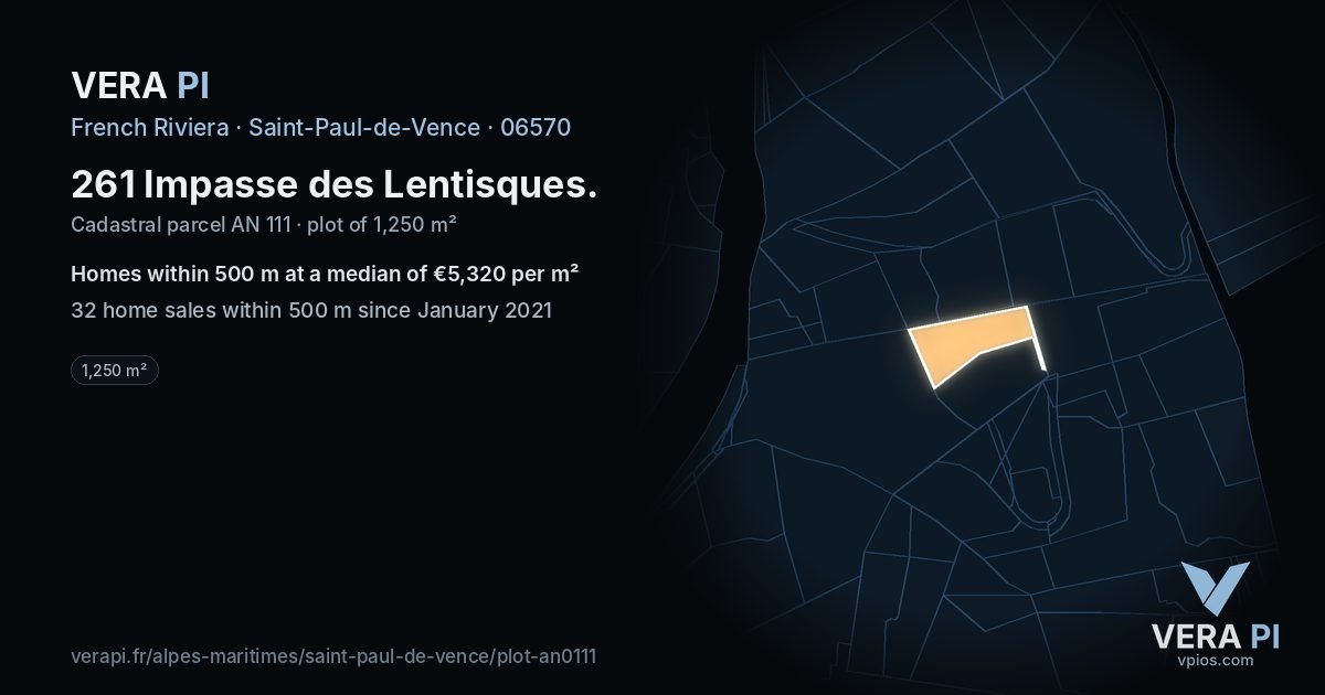 261 Impasse des Lentisques, Saint-Paul-de-Vence at night – the plot lit, the parcels around coloured by the prices near them