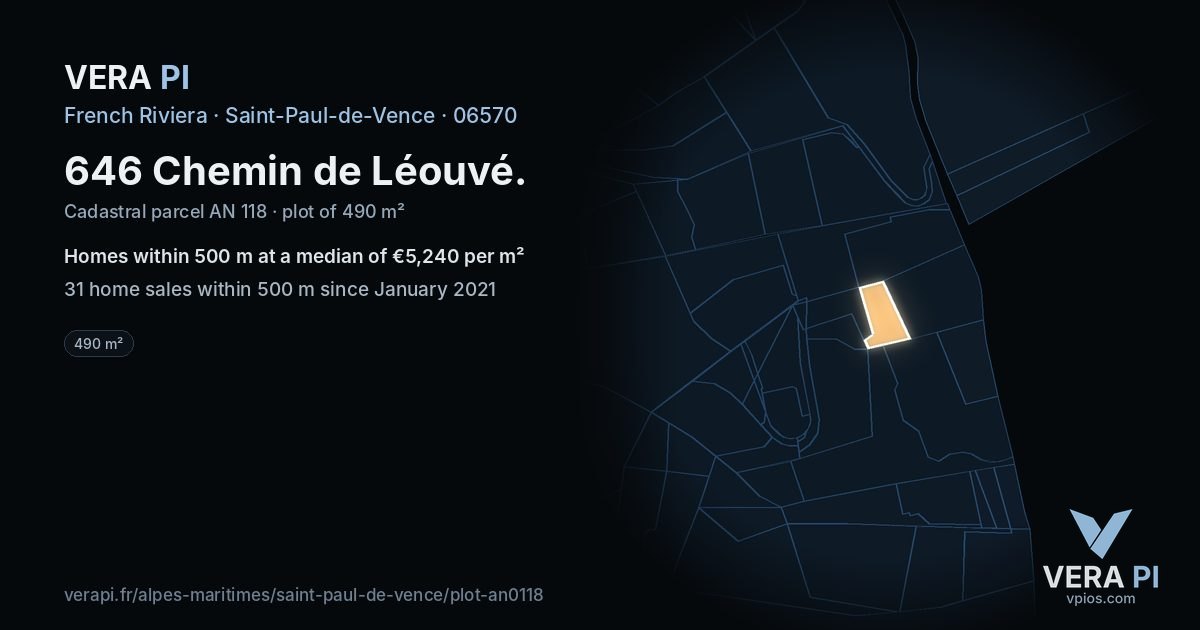 646 Chemin de Léouvé, Saint-Paul-de-Vence at night – the plot lit, the parcels around coloured by the prices near them