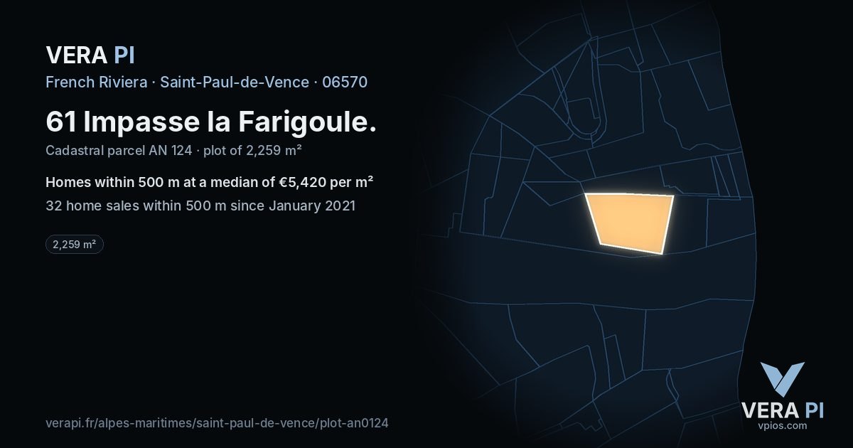 61 Impasse la Farigoule, Saint-Paul-de-Vence at night – the plot lit, the parcels around coloured by the prices near them