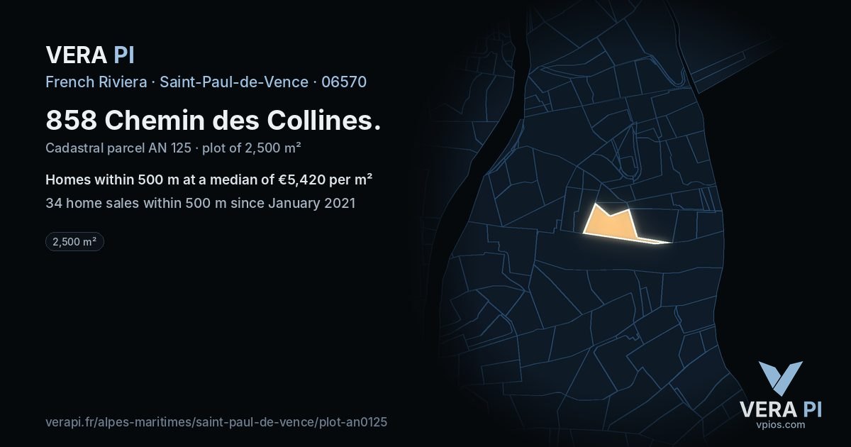858 Chemin des Collines, Saint-Paul-de-Vence at night – the plot lit, the parcels around coloured by the prices near them