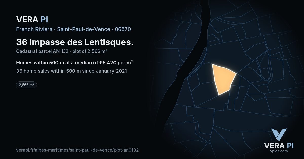 36 Impasse des Lentisques, Saint-Paul-de-Vence at night – the plot lit, the parcels around coloured by the prices near them