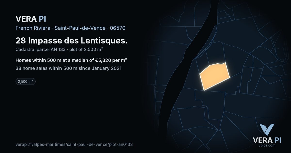 28 Impasse des Lentisques, Saint-Paul-de-Vence at night – the plot lit, the parcels around coloured by the prices near them