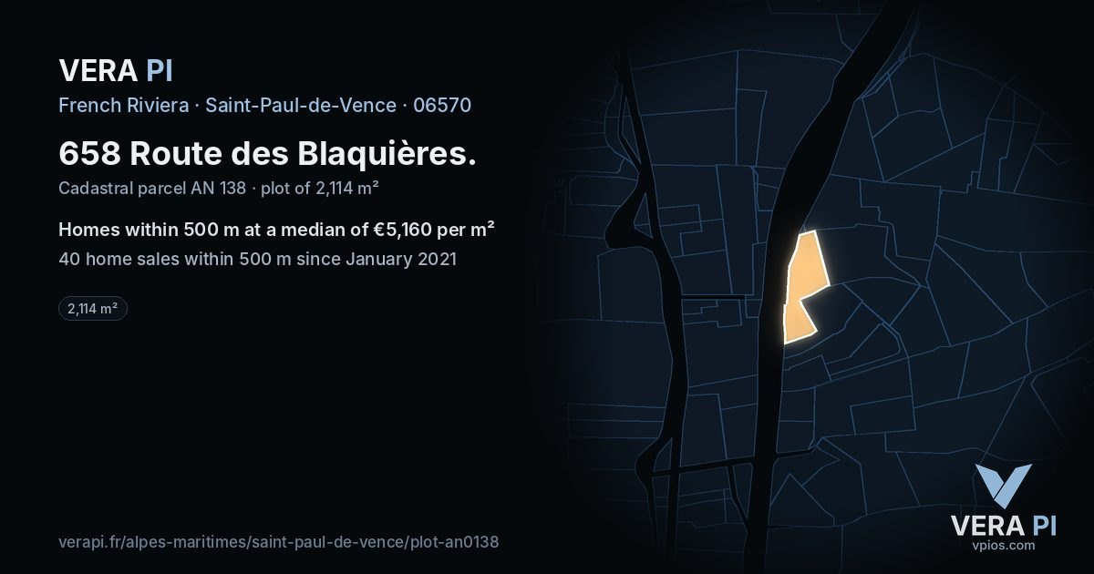 658 Route des Blaquières, Saint-Paul-de-Vence at night – the plot lit, the parcels around coloured by the prices near them
