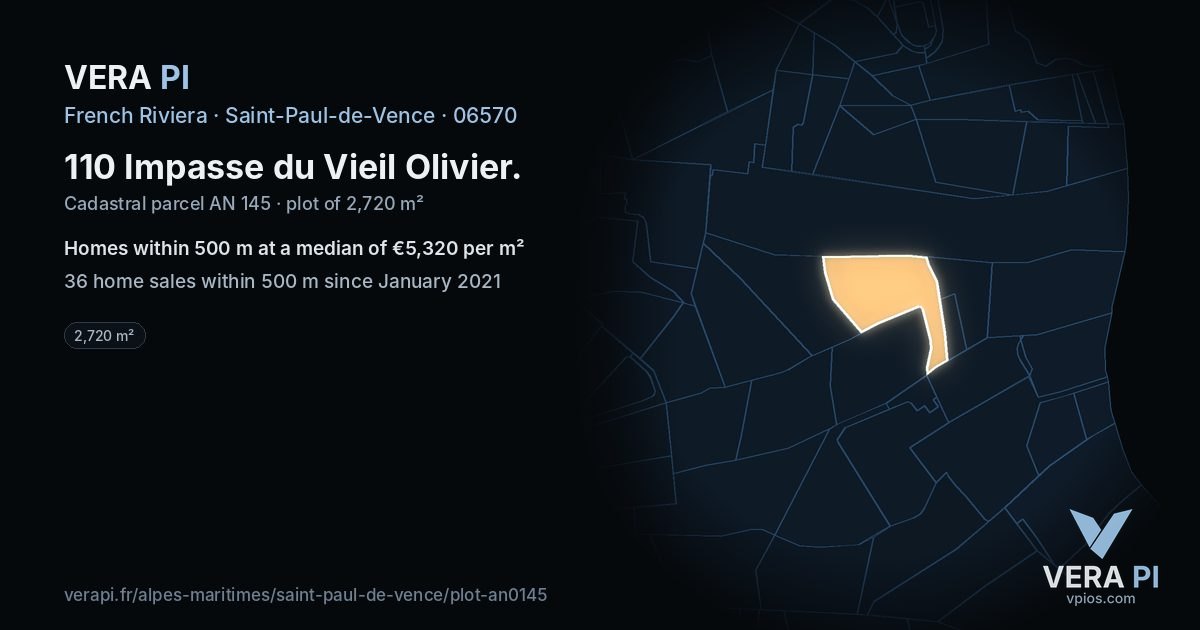 110 Impasse du Vieil Olivier, Saint-Paul-de-Vence at night – the plot lit, the parcels around coloured by the prices near them