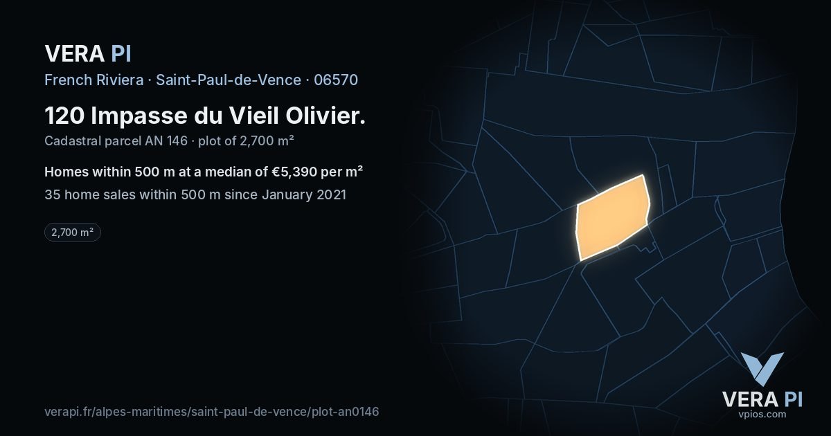 120 Impasse du Vieil Olivier, Saint-Paul-de-Vence at night – the plot lit, the parcels around coloured by the prices near them