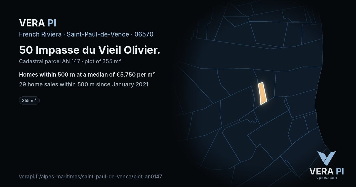 50 Impasse du Vieil Olivier, Saint-Paul-de-Vence at night – the plot lit, the parcels around coloured by the prices near them