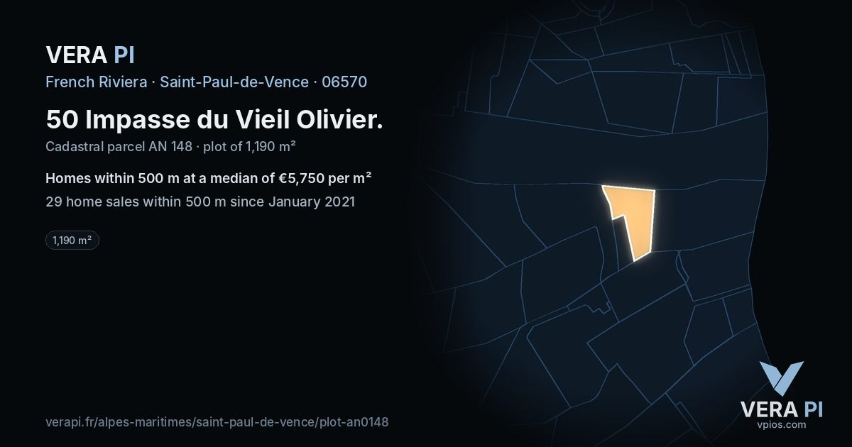 50 Impasse du Vieil Olivier, Saint-Paul-de-Vence at night – the plot lit, the parcels around coloured by the prices near them