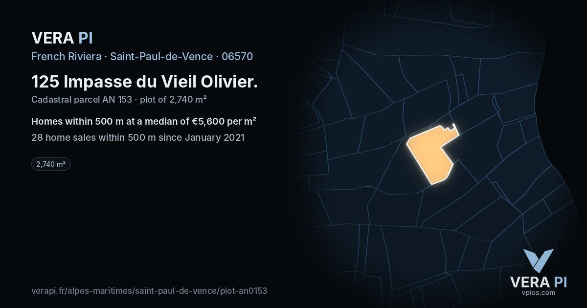 125 Impasse du Vieil Olivier, Saint-Paul-de-Vence at night – the plot lit, the parcels around coloured by the prices near them