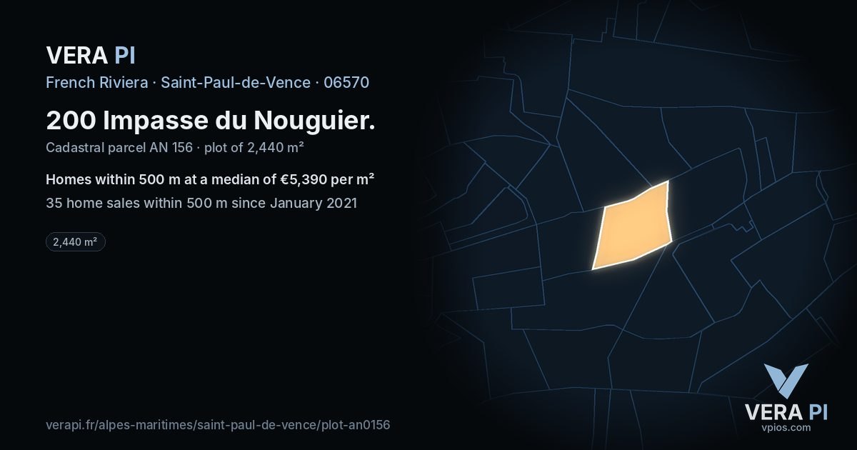 200 Impasse du Nouguier, Saint-Paul-de-Vence at night – the plot lit, the parcels around coloured by the prices near them
