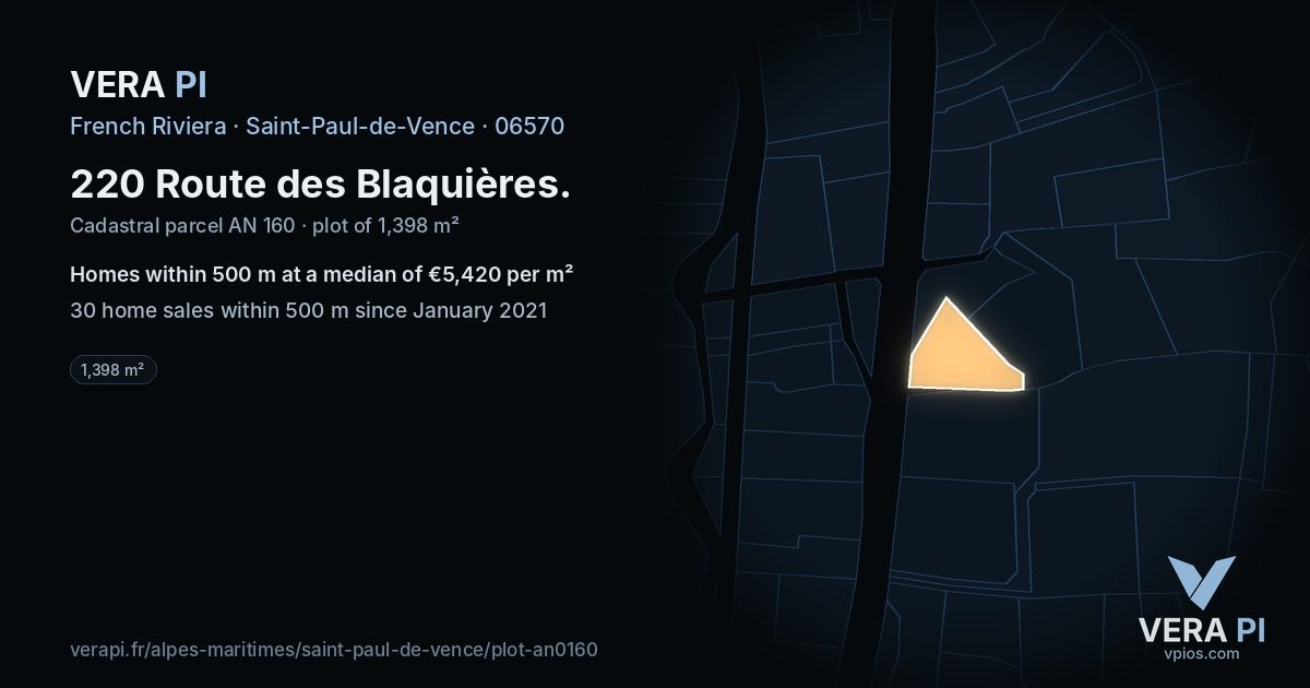 220 Route des Blaquières, Saint-Paul-de-Vence at night – the plot lit, the parcels around coloured by the prices near them