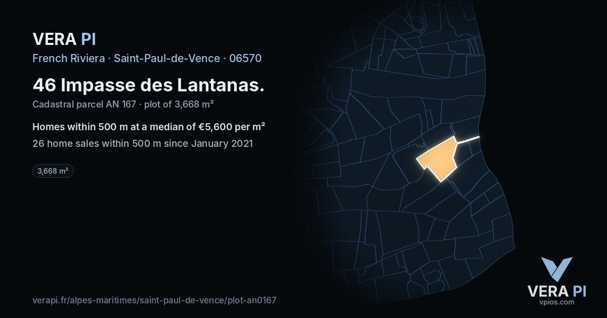 46 Impasse des Lantanas, Saint-Paul-de-Vence at night – the plot lit, the parcels around coloured by the prices near them