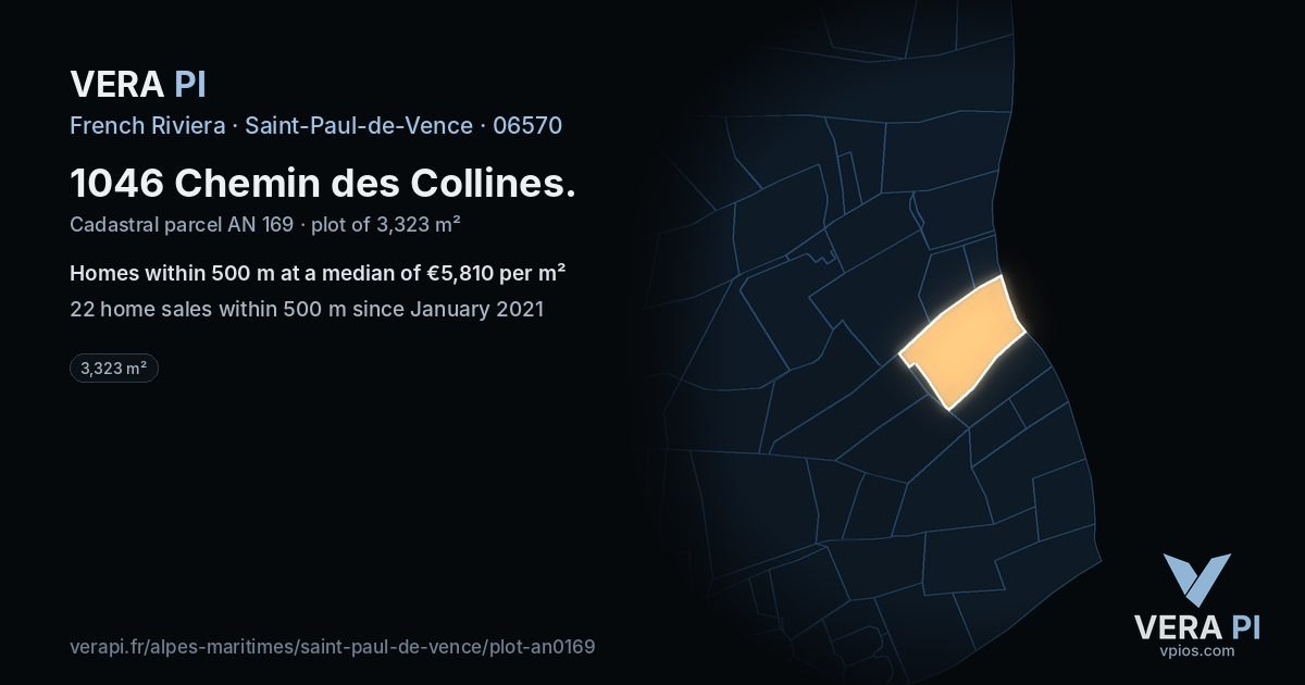 1046 Chemin des Collines, Saint-Paul-de-Vence at night – the plot lit, the parcels around coloured by the prices near them