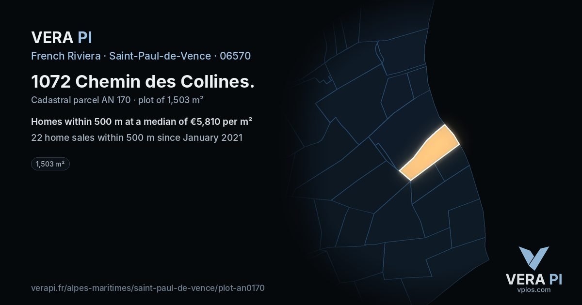 1072 Chemin des Collines, Saint-Paul-de-Vence at night – the plot lit, the parcels around coloured by the prices near them