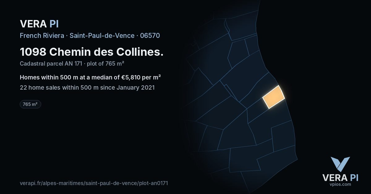 1098 Chemin des Collines, Saint-Paul-de-Vence at night – the plot lit, the parcels around coloured by the prices near them