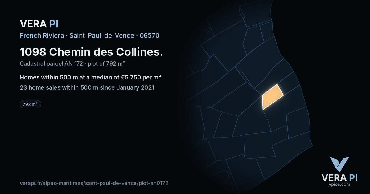 1098 Chemin des Collines, Saint-Paul-de-Vence at night – the plot lit, the parcels around coloured by the prices near them