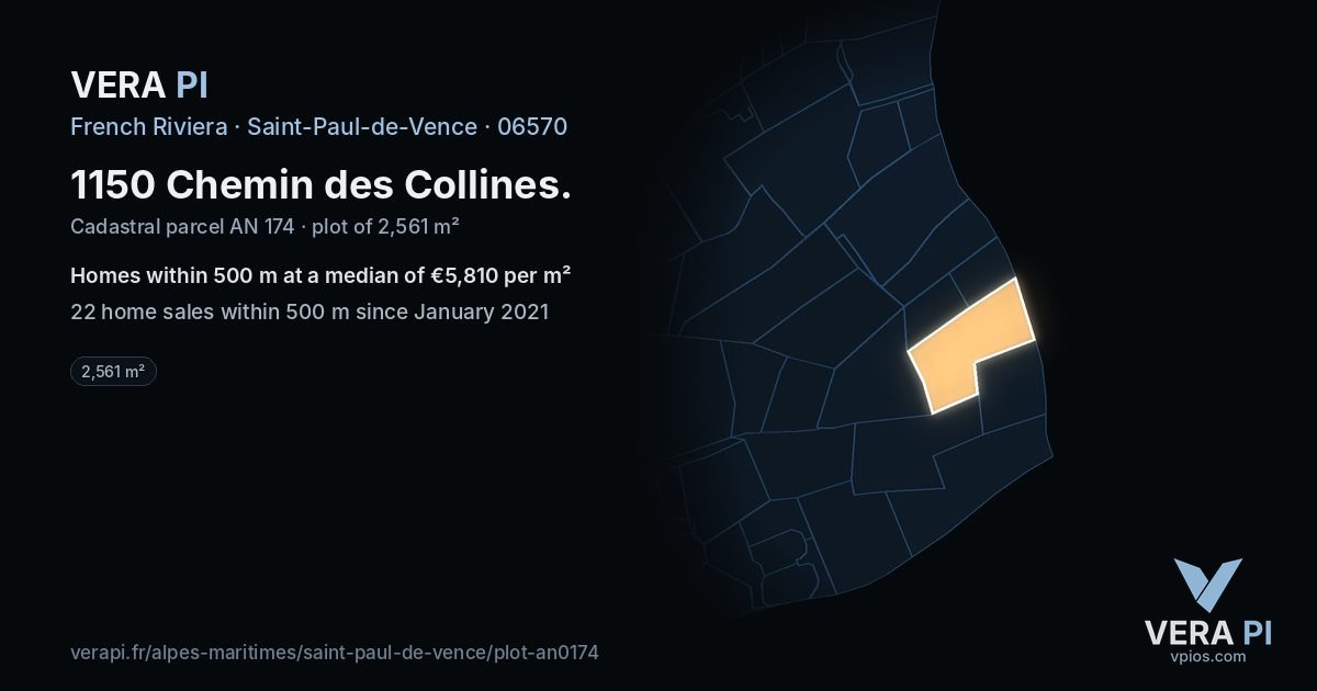 1150 Chemin des Collines, Saint-Paul-de-Vence at night – the plot lit, the parcels around coloured by the prices near them