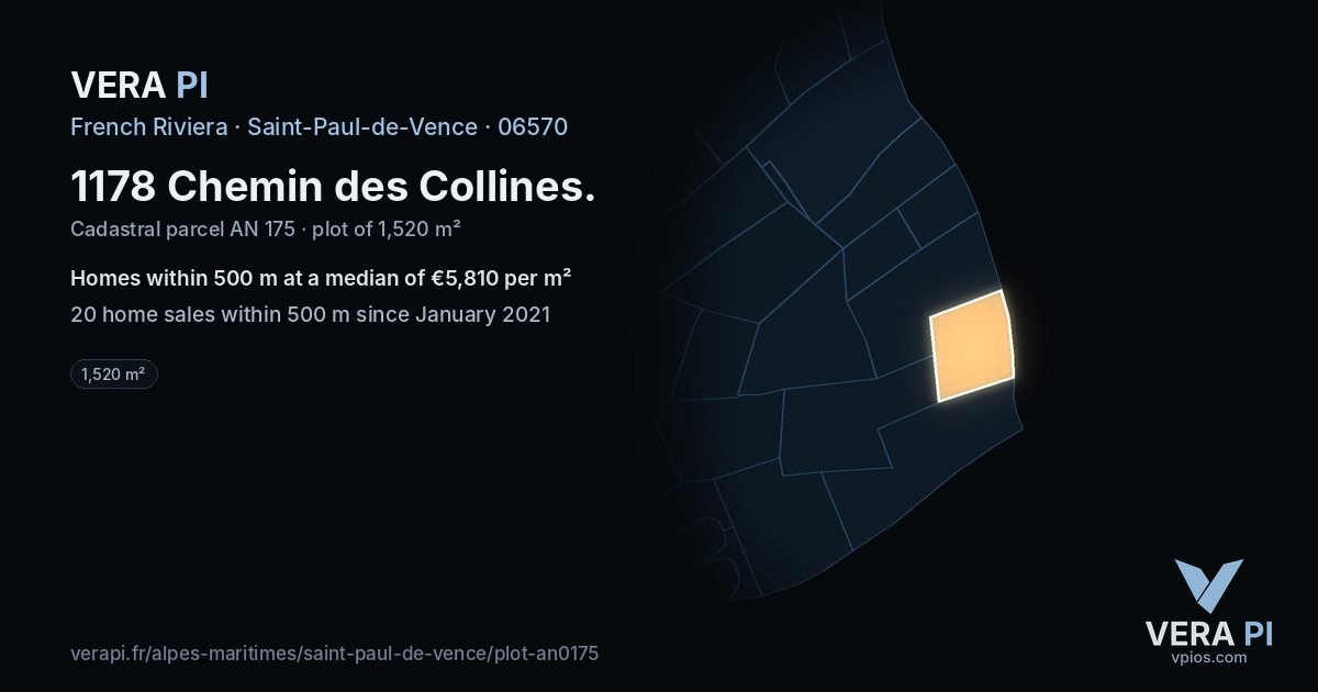 1178 Chemin des Collines, Saint-Paul-de-Vence at night – the plot lit, the parcels around coloured by the prices near them