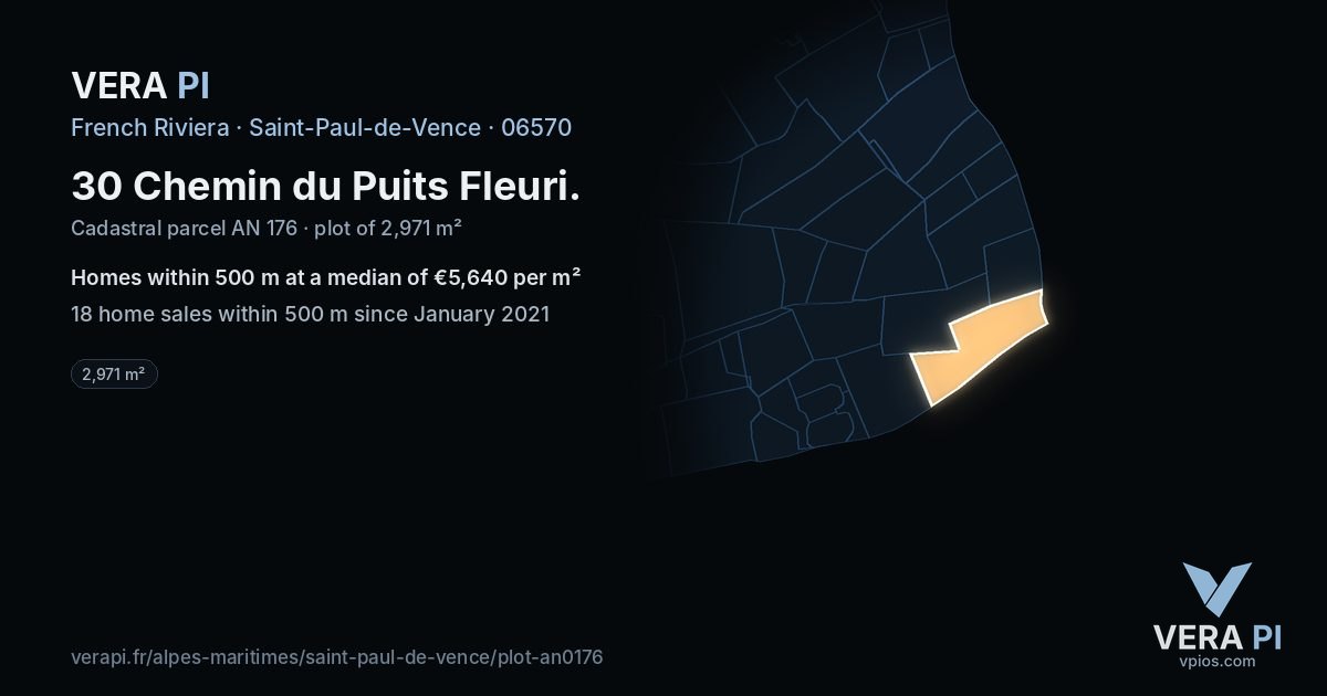 30 Chemin du Puits Fleuri, Saint-Paul-de-Vence at night – the plot lit, the parcels around coloured by the prices near them