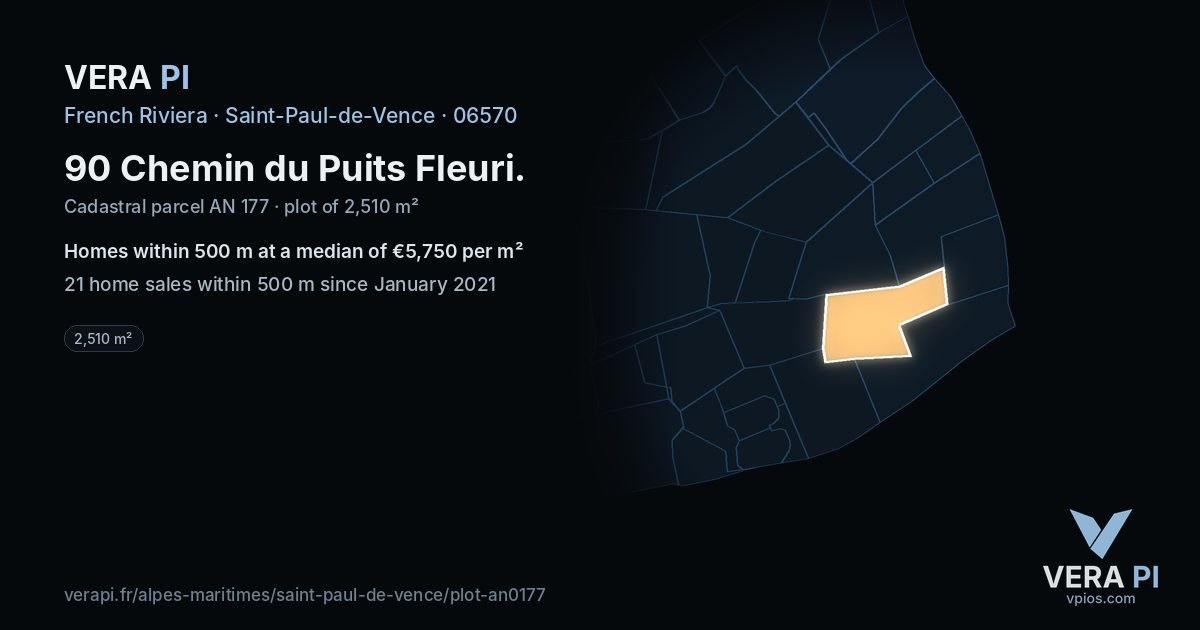 90 Chemin du Puits Fleuri, Saint-Paul-de-Vence at night – the plot lit, the parcels around coloured by the prices near them