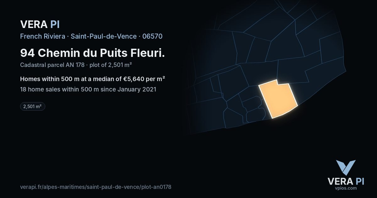 94 Chemin du Puits Fleuri, Saint-Paul-de-Vence at night – the plot lit, the parcels around coloured by the prices near them