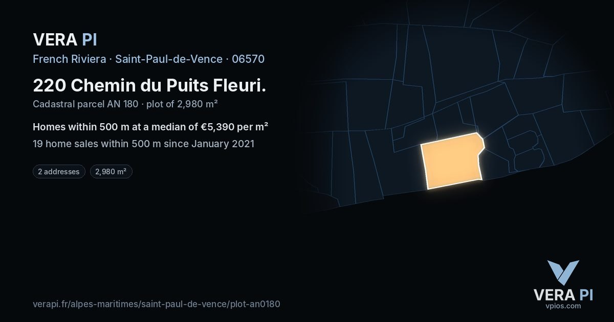 220 Chemin du Puits Fleuri, Saint-Paul-de-Vence at night – the plot lit, the parcels around coloured by the prices near them