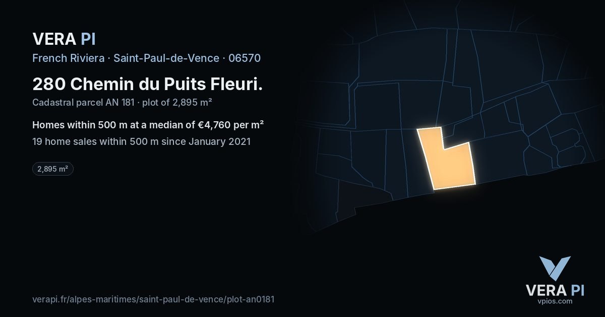 280 Chemin du Puits Fleuri, Saint-Paul-de-Vence at night – the plot lit, the parcels around coloured by the prices near them
