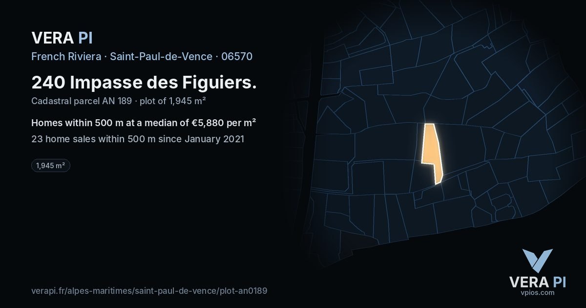 240 Impasse des Figuiers, Saint-Paul-de-Vence at night – the plot lit, the parcels around coloured by the prices near them