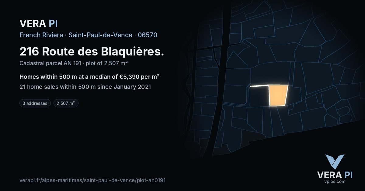 216 Route des Blaquières, Saint-Paul-de-Vence at night – the plot lit, the parcels around coloured by the prices near them