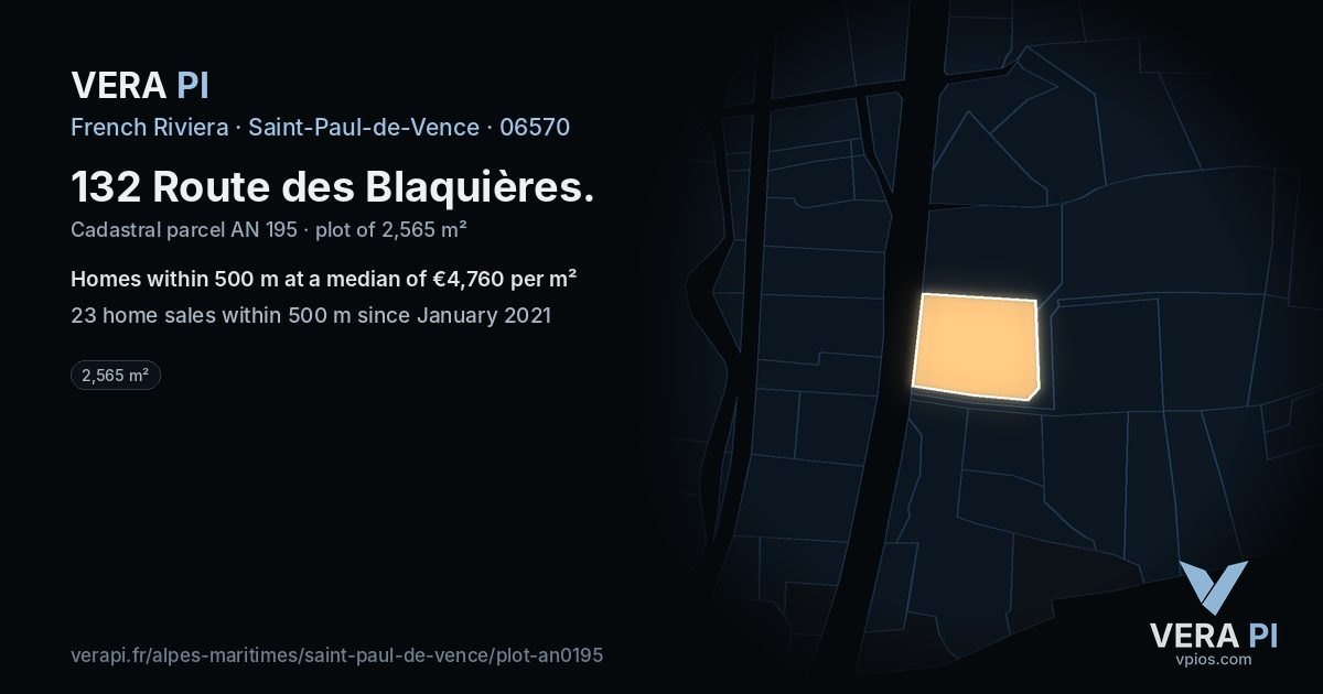 132 Route des Blaquières, Saint-Paul-de-Vence at night – the plot lit, the parcels around coloured by the prices near them