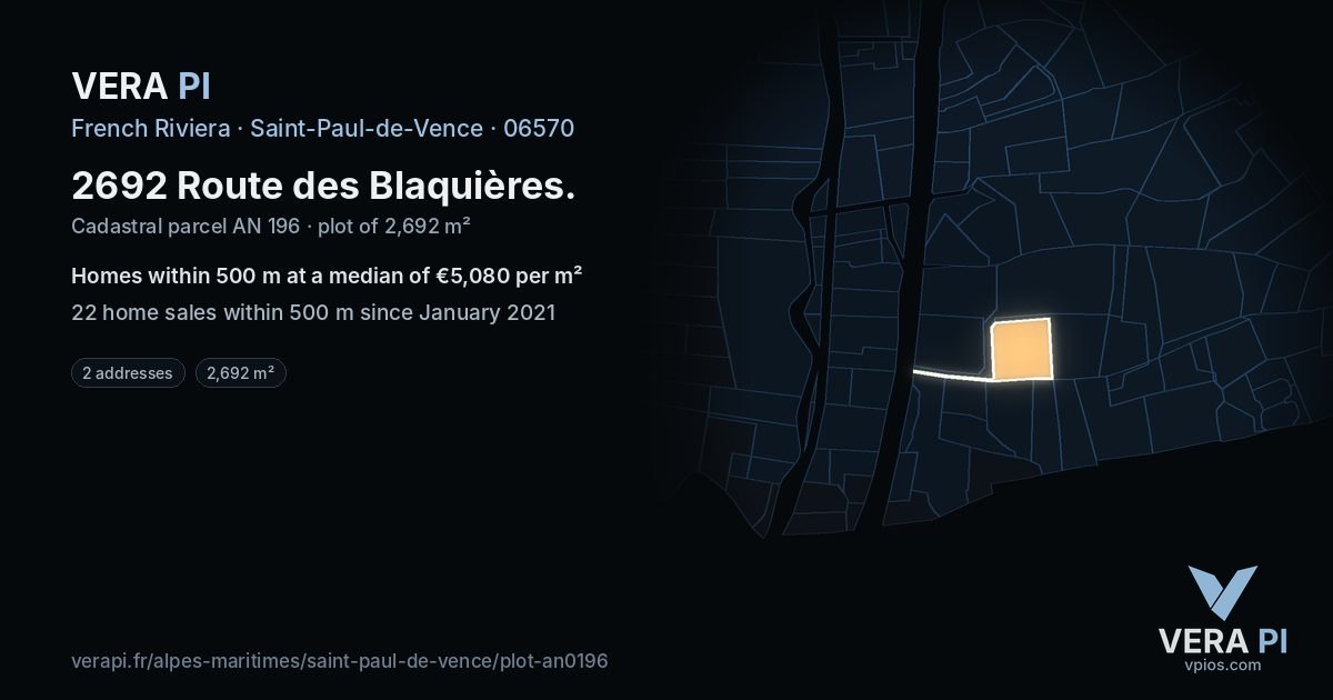 2692 Route des Blaquières, Saint-Paul-de-Vence at night – the plot lit, the parcels around coloured by the prices near them
