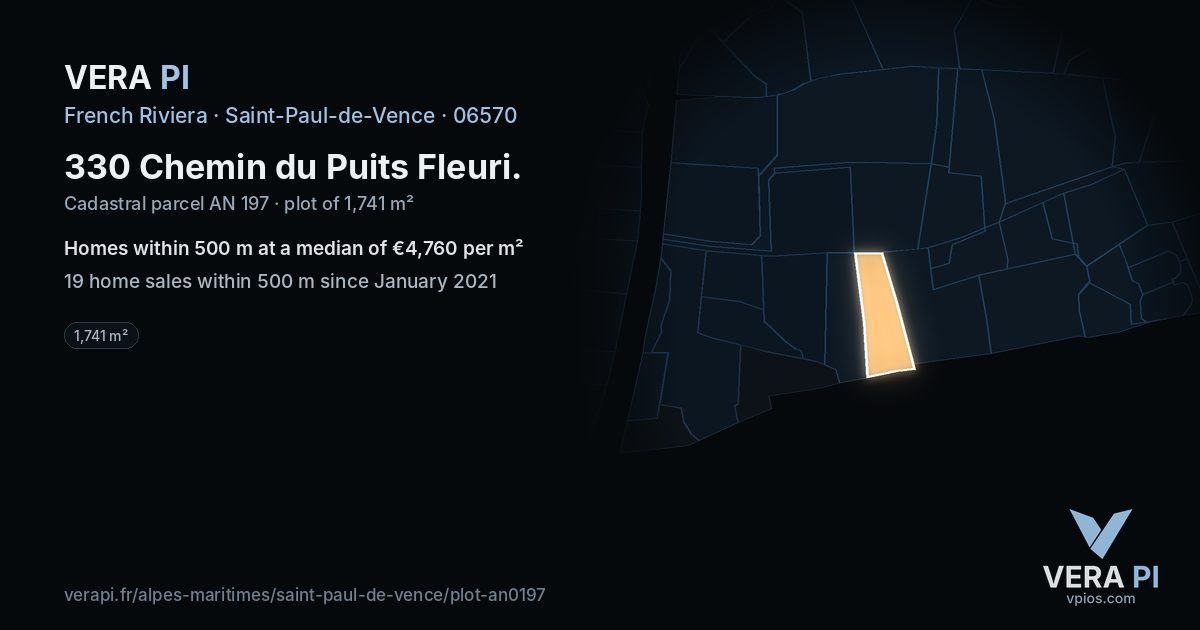 330 Chemin du Puits Fleuri, Saint-Paul-de-Vence at night – the plot lit, the parcels around coloured by the prices near them