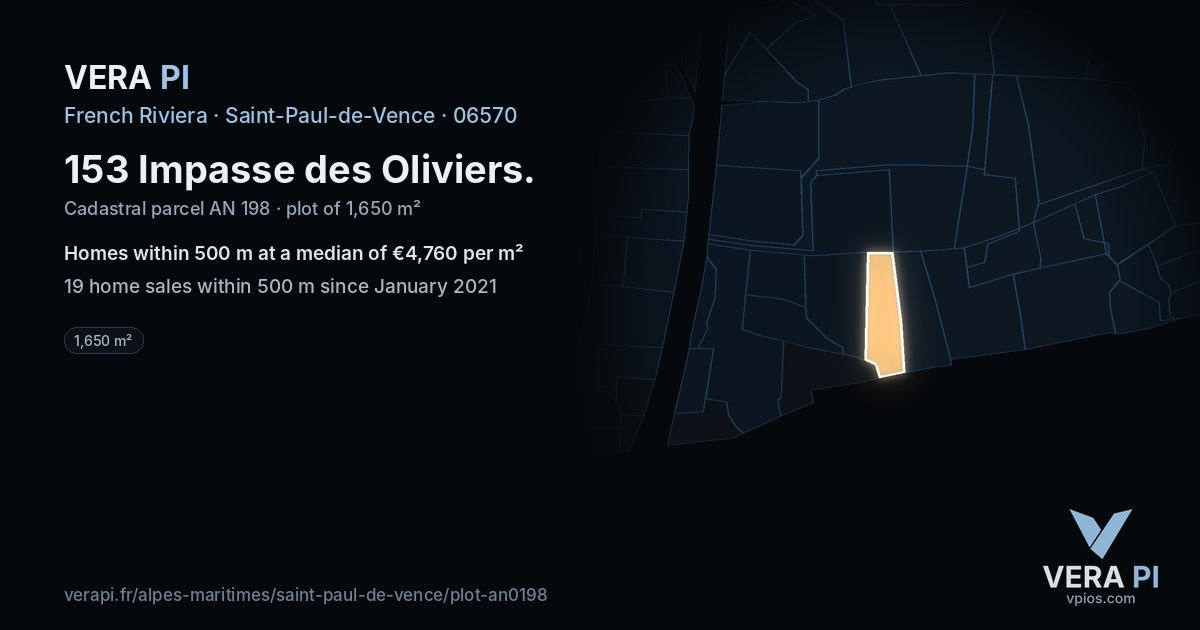 153 Impasse des Oliviers, Saint-Paul-de-Vence at night – the plot lit, the parcels around coloured by the prices near them