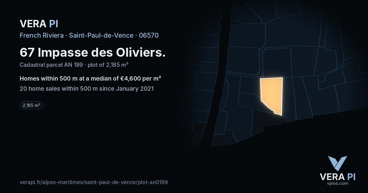 67 Impasse des Oliviers, Saint-Paul-de-Vence at night – the plot lit, the parcels around coloured by the prices near them