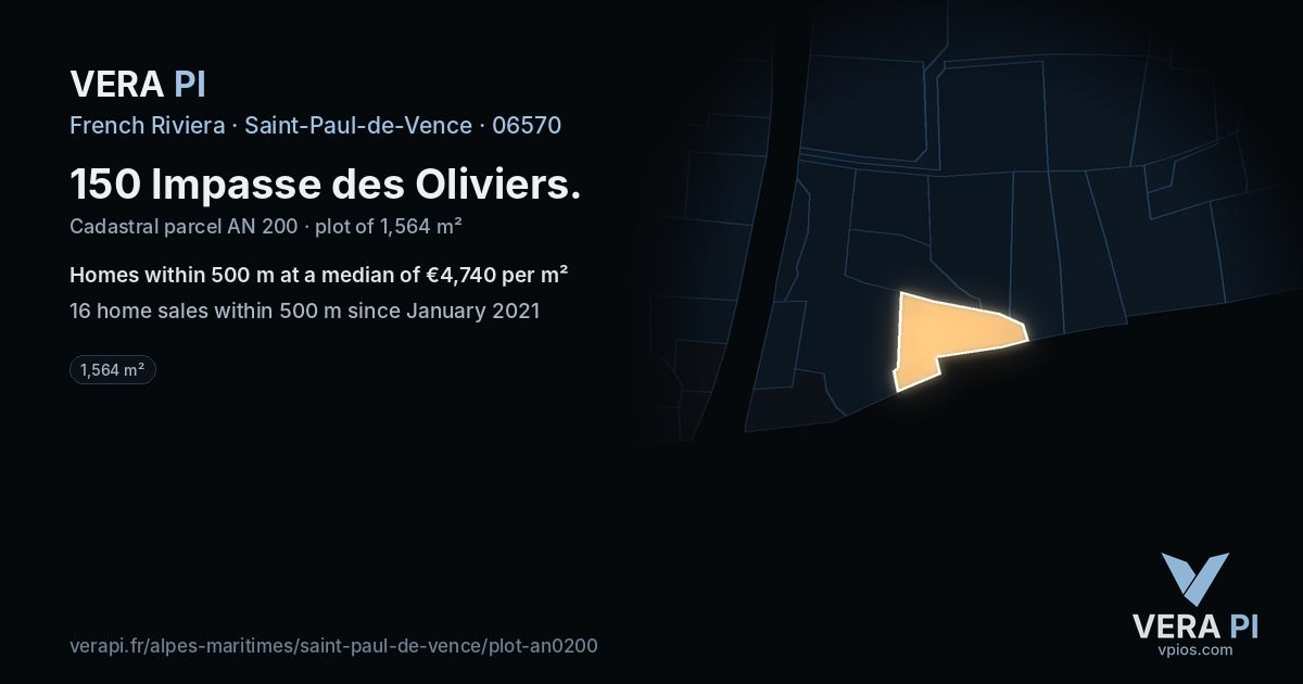 150 Impasse des Oliviers, Saint-Paul-de-Vence at night – the plot lit, the parcels around coloured by the prices near them