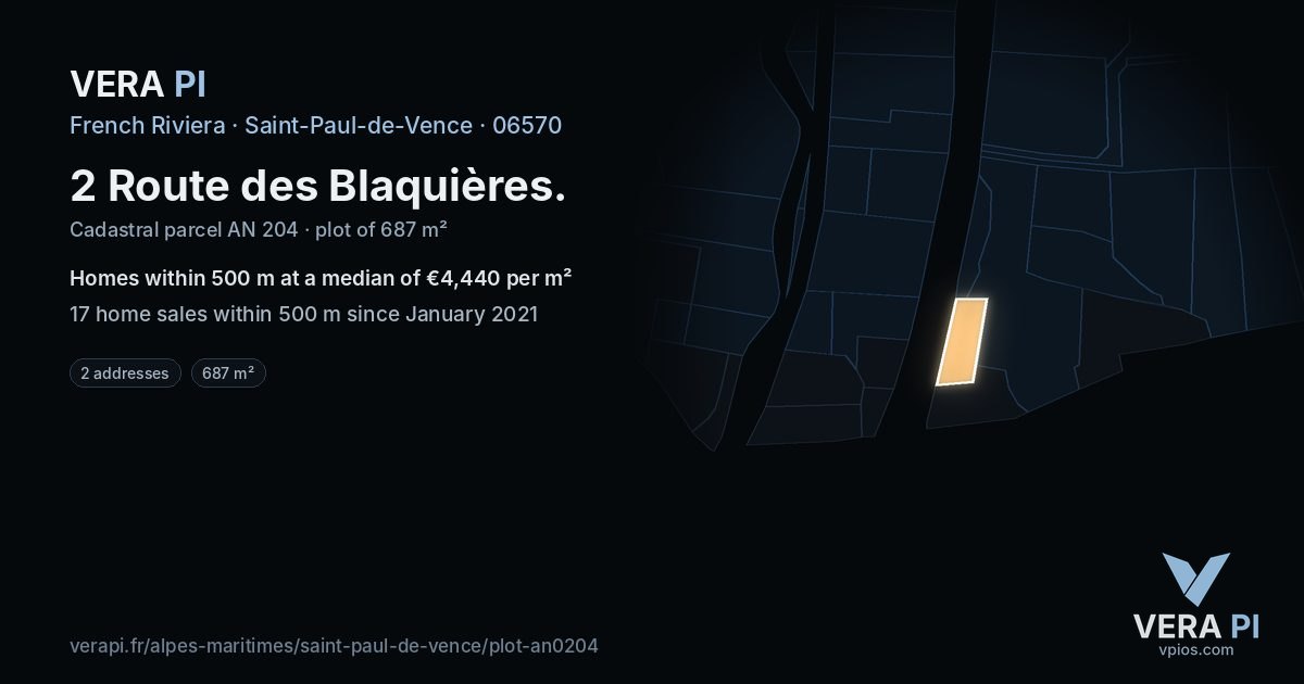 2 Route des Blaquières, Saint-Paul-de-Vence at night – the plot lit, the parcels around coloured by the prices near them