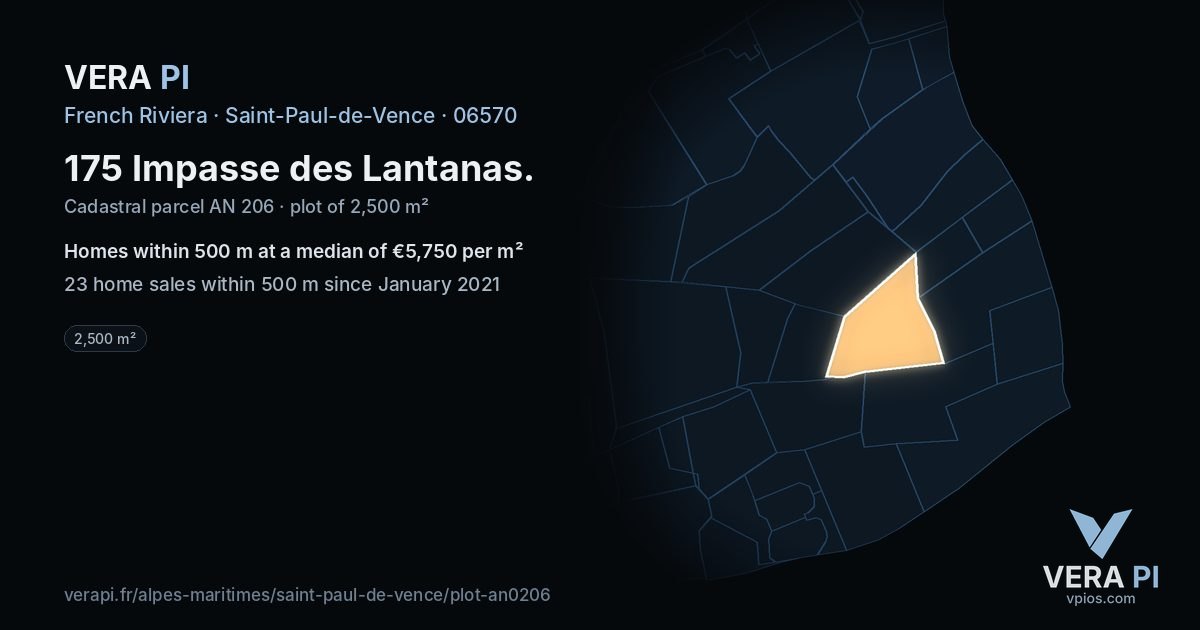 175 Impasse des Lantanas, Saint-Paul-de-Vence at night – the plot lit, the parcels around coloured by the prices near them