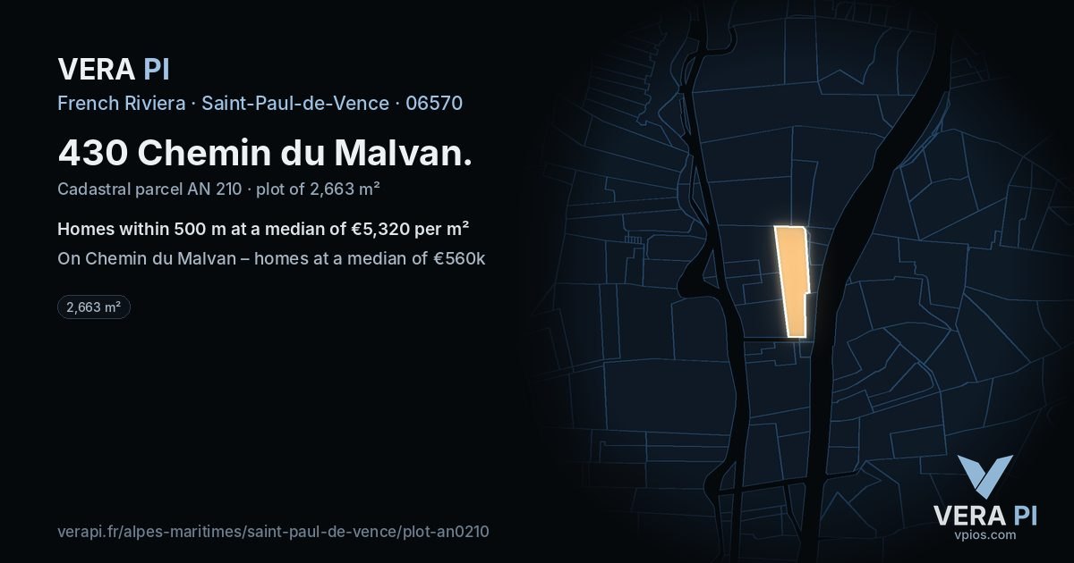 430 Chemin du Malvan, Saint-Paul-de-Vence at night – the plot lit, the parcels around coloured by the prices near them