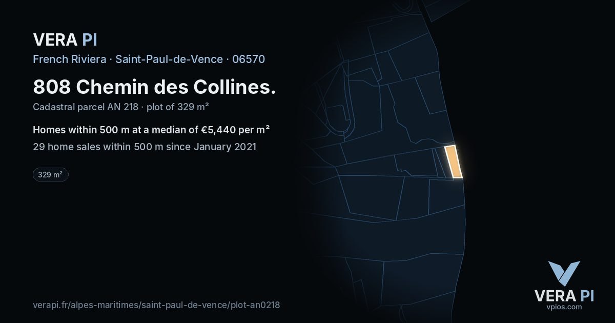 808 Chemin des Collines, Saint-Paul-de-Vence at night – the plot lit, the parcels around coloured by the prices near them